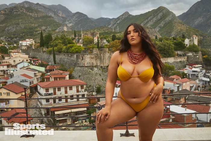 Yumi Nu was photographed by James Macari in Montenegro. Swimsuit by Matte Collection. Necklace by Free People.